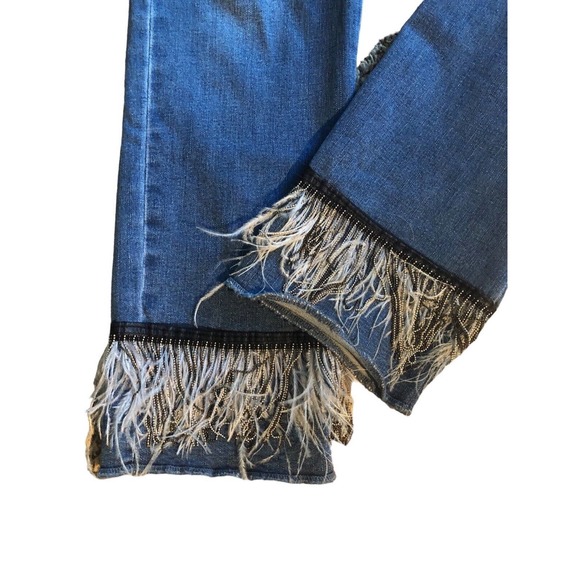 LUXE MODA Chic Embellished Denim Jeans Straight Size‎ 10 Beads Feather Med Wash - Picture 3 of 10